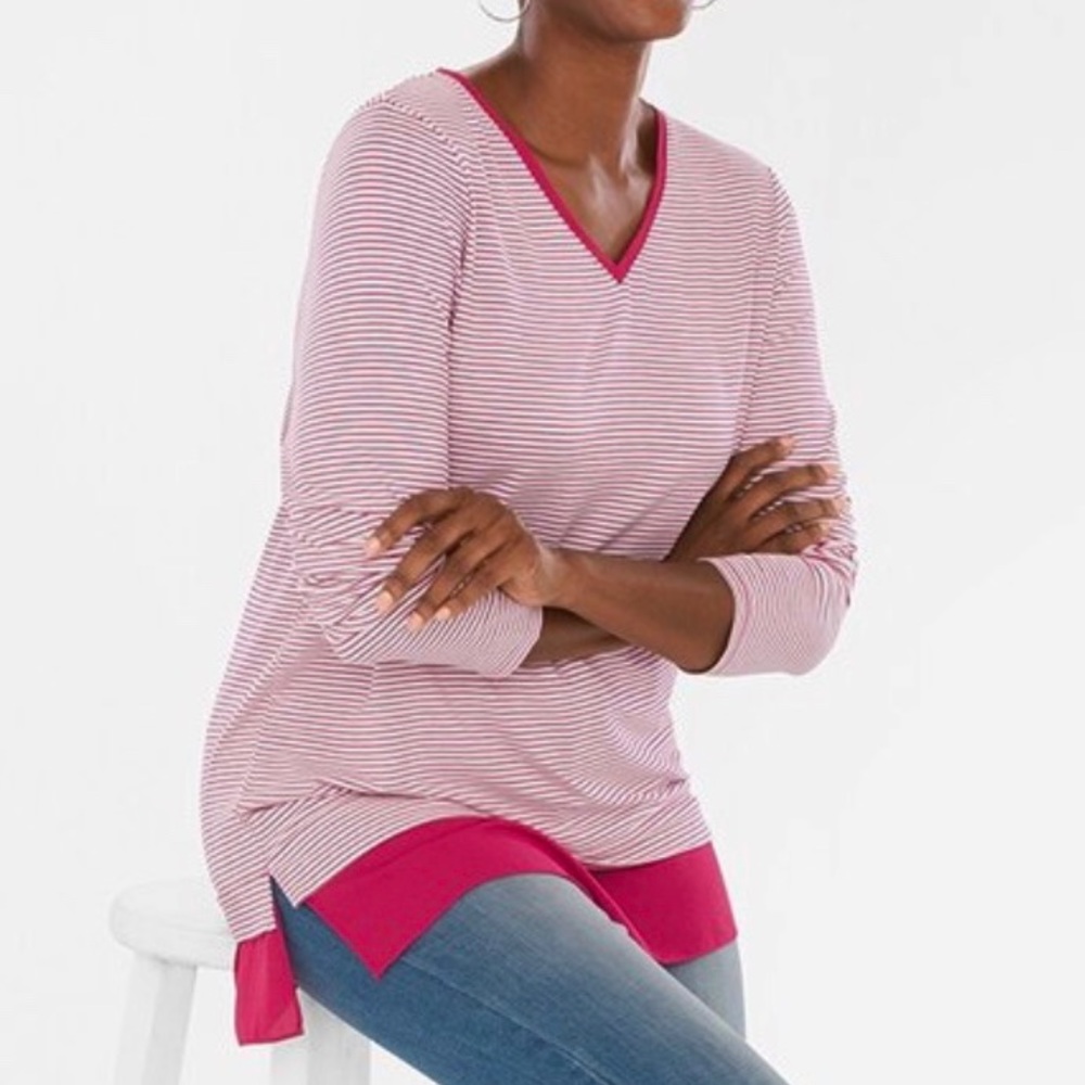Chico’s Pink White Striped Woven Hem Top NWOT